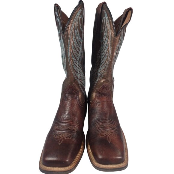 Ariat Women's Round Up Wide Square Toe Western Boot Sz 7.5 B Brown Leather Blue - Picture 3 of 8